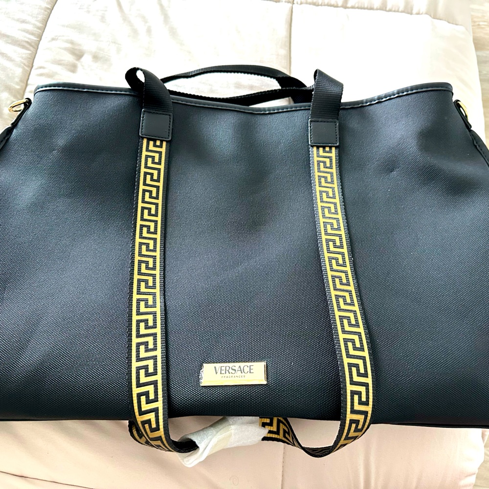 Versace Black Tote with Gold Greek Key Straps
